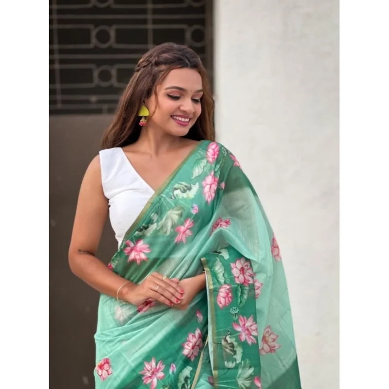 Alternative view of Women's Linen Printed Saree With Unstitched Blouse 5.5Mtr (Green)