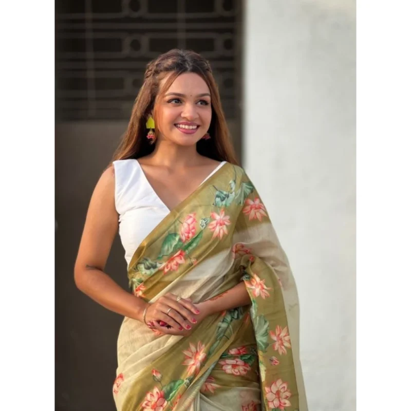Alternative view of Women's Linen Printed Saree With Unstitched Blouse 5.5Mtr (Mahendi)