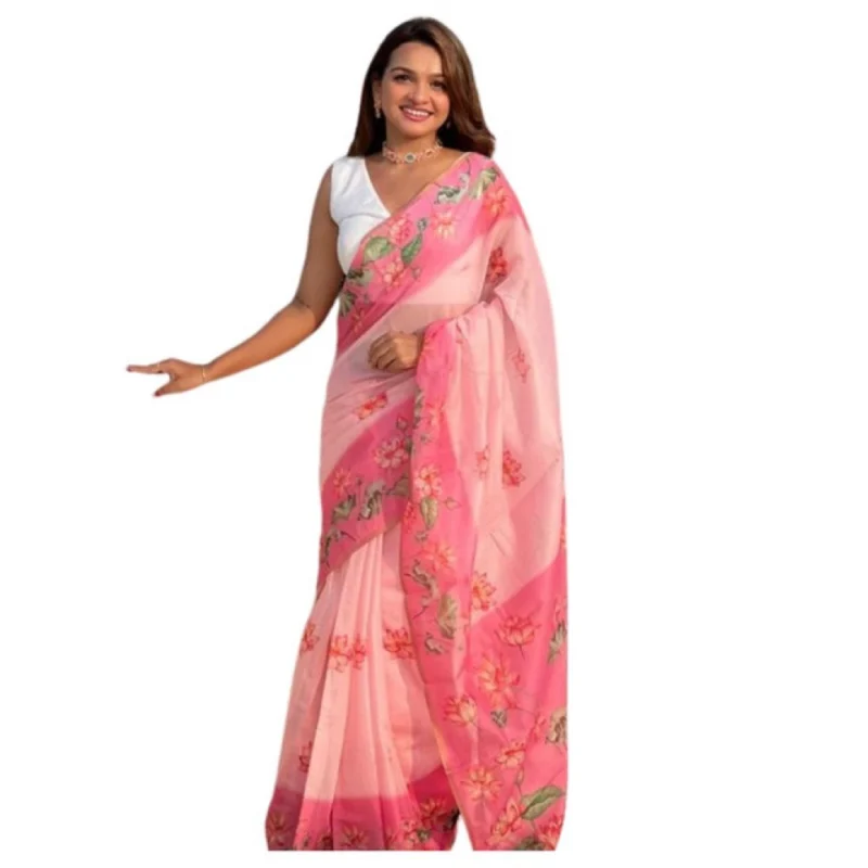 Women's Linen Printed Saree With Unstitched Blouse 5.5Mtr (Pink)