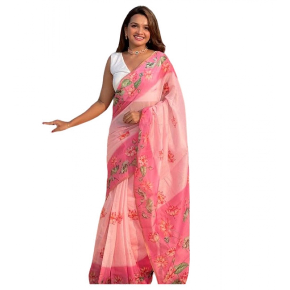 Women's Linen Printed Saree With Unstitched Blouse 5.5Mtr (Pink)
