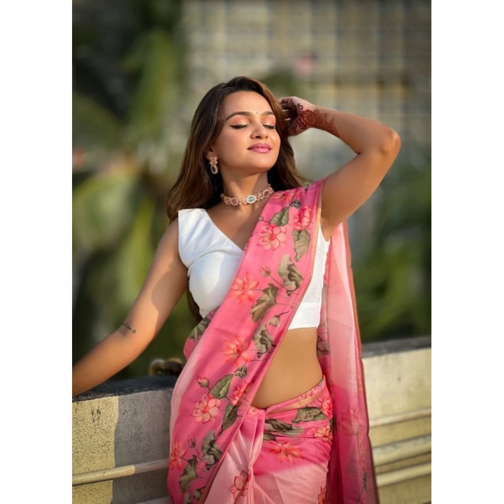 Women's Linen Printed Saree With Unstitched Blouse 5.5Mtr (Pink) - Image 3