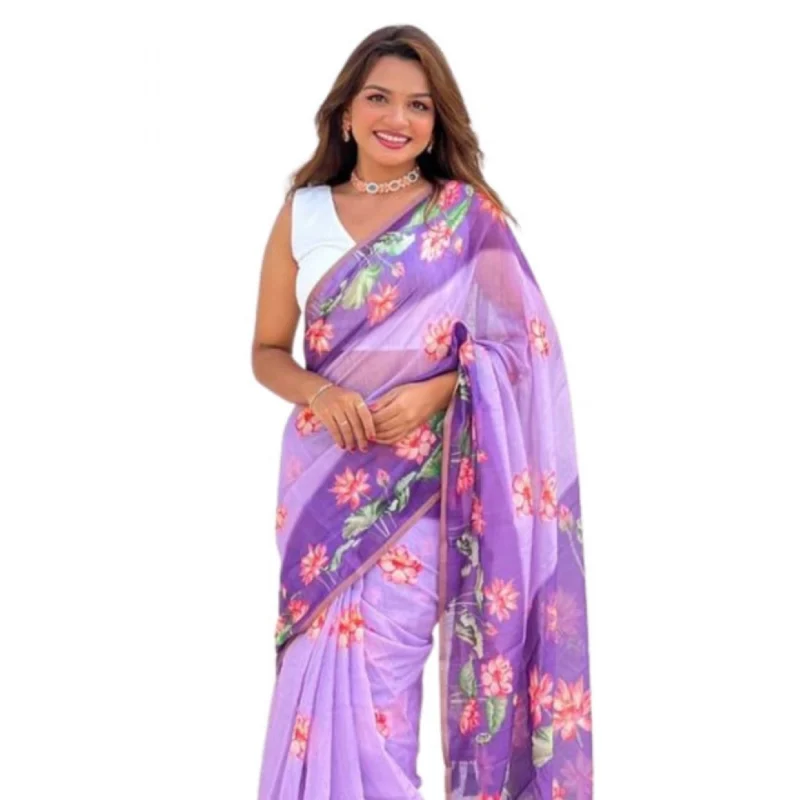 Women's Linen Printed Saree With Unstitched Blouse 5.5Mtr (Purple)