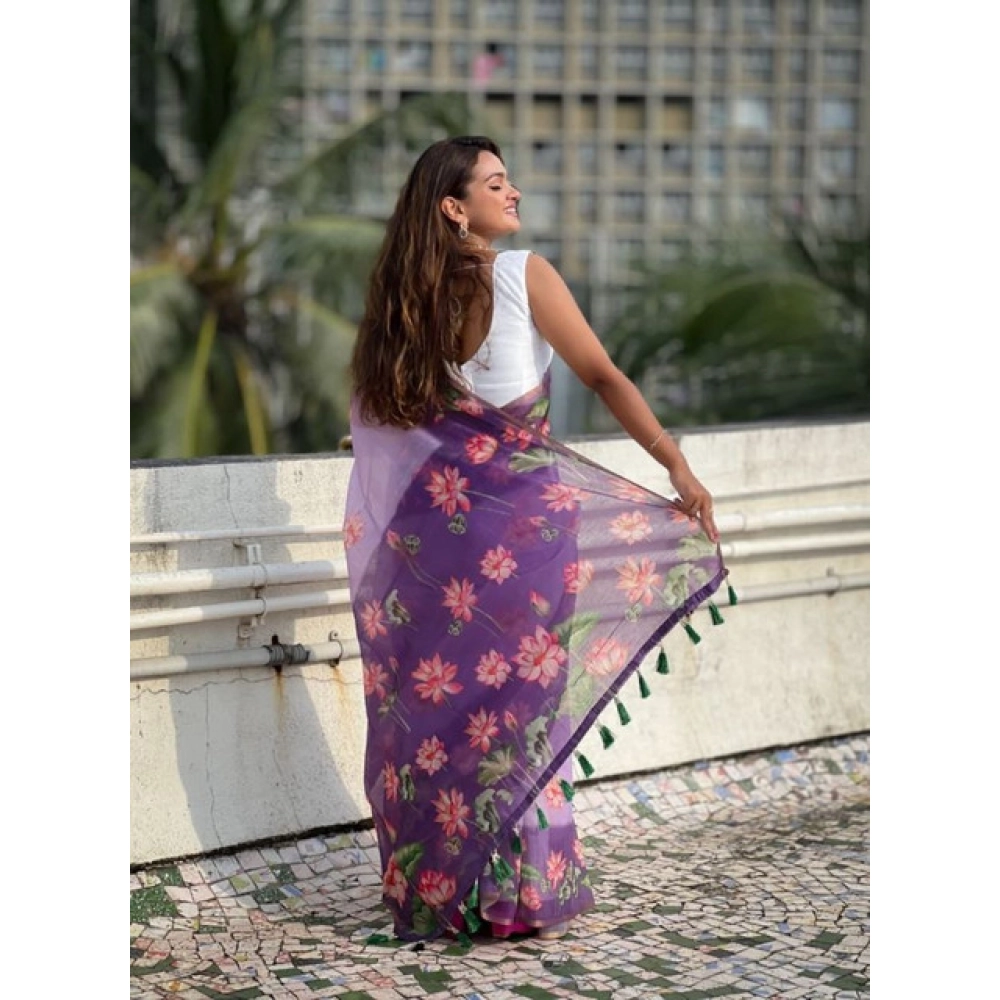 Women's Linen Printed Saree With Unstitched Blouse 5.5Mtr (Purple) - Image 4