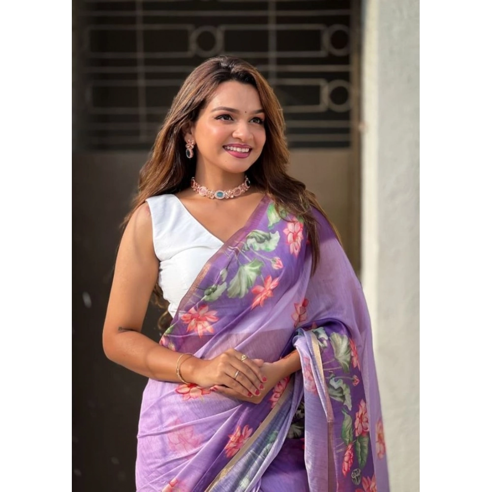 Women's Linen Printed Saree With Unstitched Blouse 5.5Mtr (Purple) - Image 2
