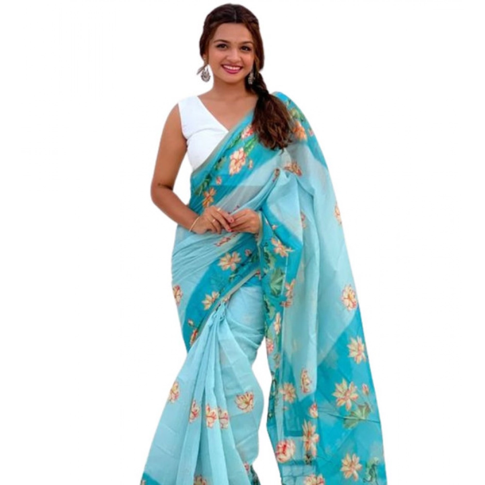 Women's Linen Printed Saree With Unstitched Blouse 5.5Mtr (Aqua)