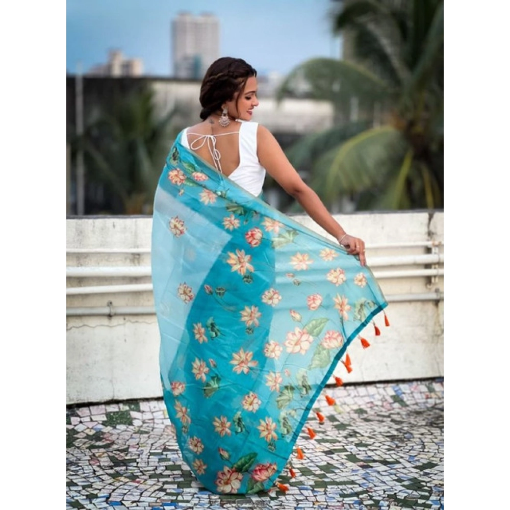 Women's Linen Printed Saree With Unstitched Blouse 5.5Mtr (Aqua) - Image 4