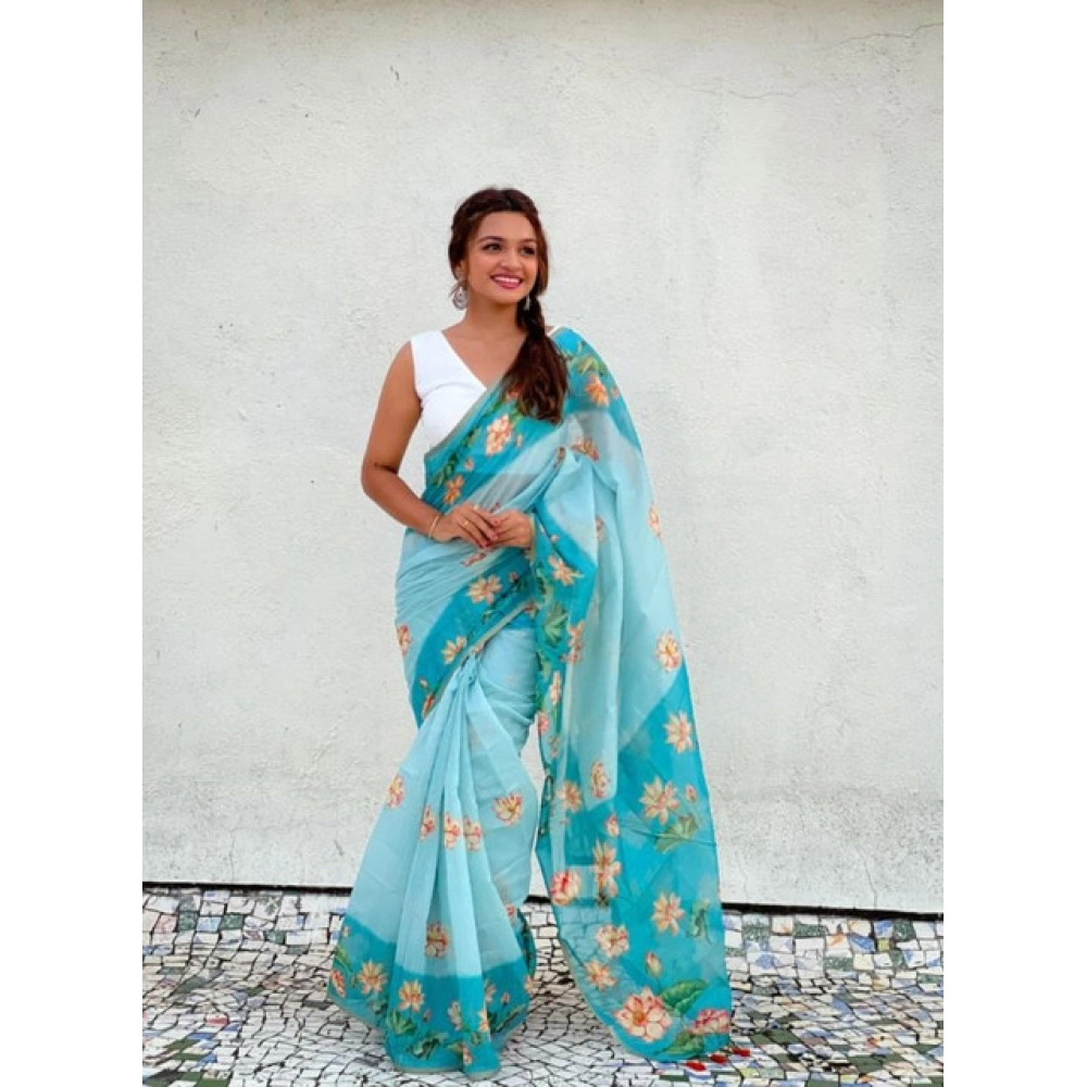 Women's Linen Printed Saree With Unstitched Blouse 5.5Mtr (Aqua) - Image 3