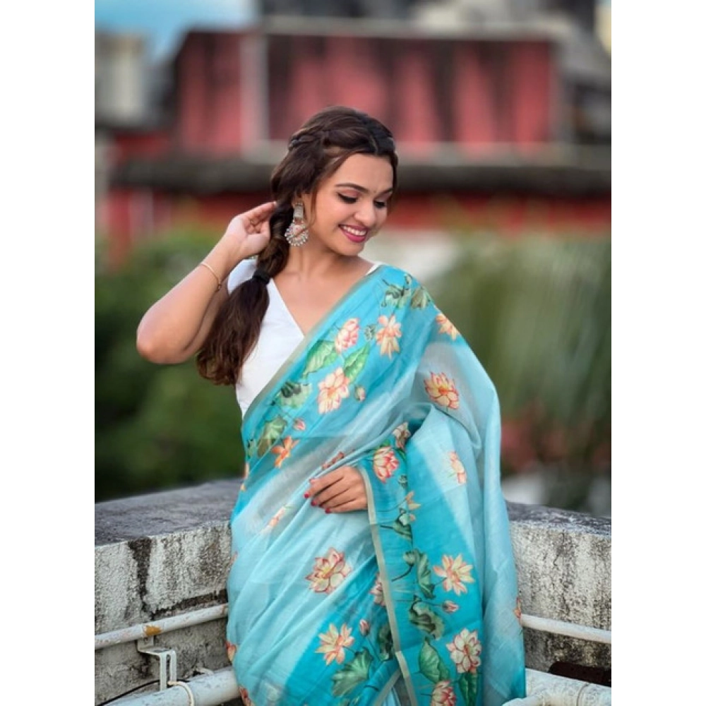 Women's Linen Printed Saree With Unstitched Blouse 5.5Mtr (Aqua) - Image 2