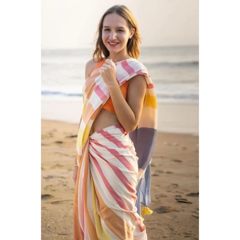 Alternative view of Women's Linen Printed Saree With Unstitched Blouse 5.5Mtr (Yellow)