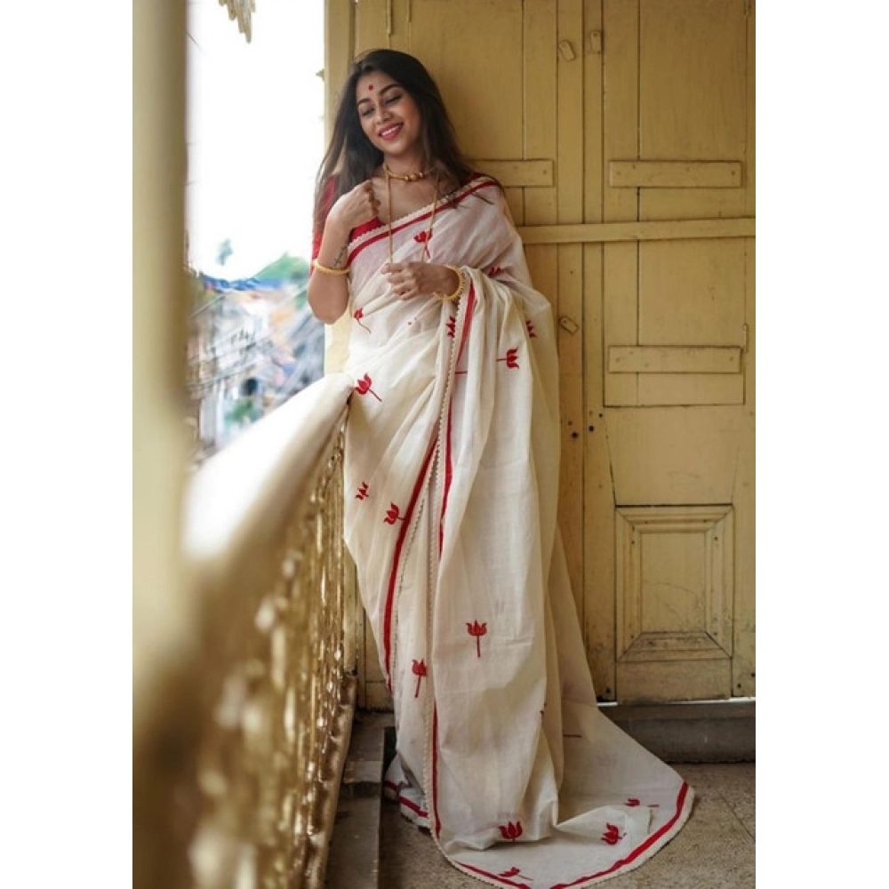 Women's Linen Printed Saree With Unstitched Blouse 5.5Mtr (White) - Image 4