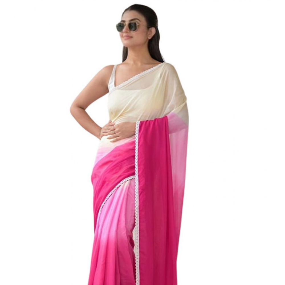 Women's Linen Printed Saree With Unstitched Blouse 5.5Mtr (Pink)