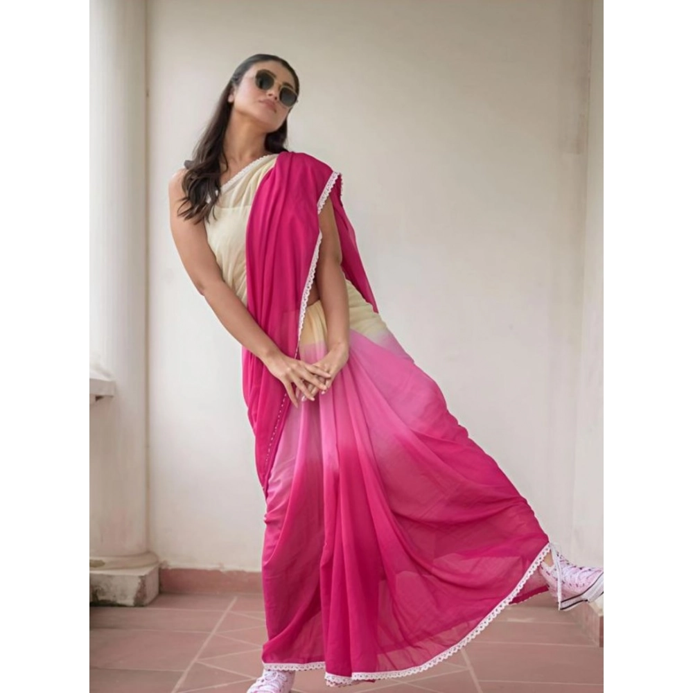 Women's Linen Printed Saree With Unstitched Blouse 5.5Mtr (Pink) - Image 4
