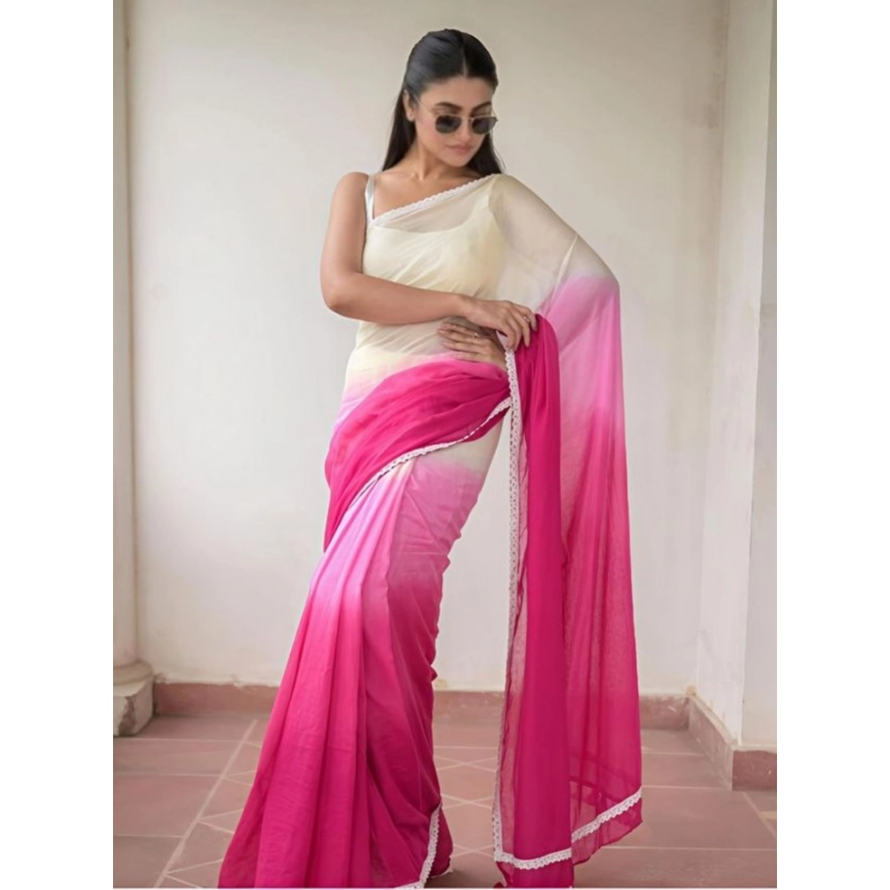 Women's Linen Printed Saree With Unstitched Blouse 5.5Mtr (Pink) - Image 3