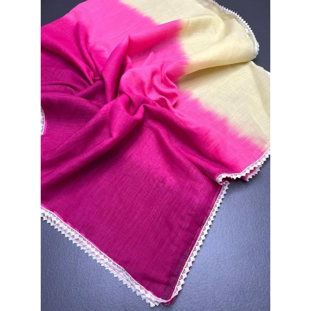 Women's Linen Printed Saree With Unstitched Blouse 5.5Mtr (Pink) - Image 2