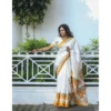 Women's Linen Printed Saree With Unstitched Blouse 5.5Mtr (White)