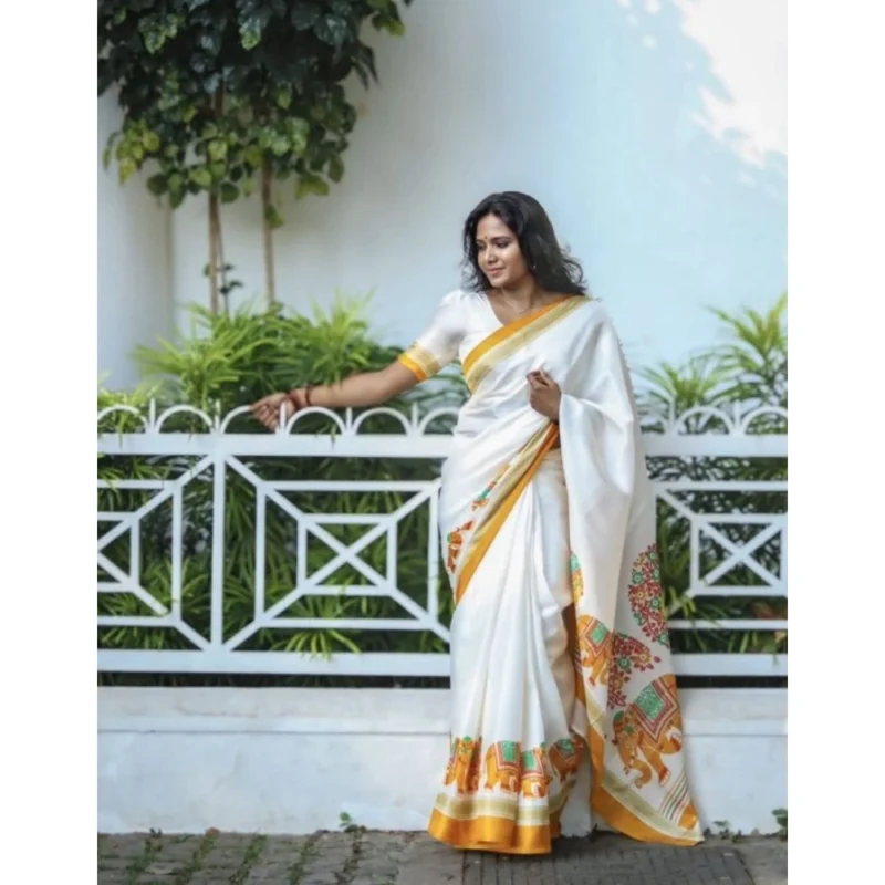 Women's Linen Printed Saree With Unstitched Blouse 5.5Mtr (White)