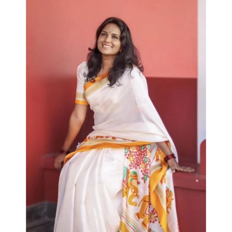 Alternative view of Women's Linen Printed Saree With Unstitched Blouse 5.5Mtr (White)