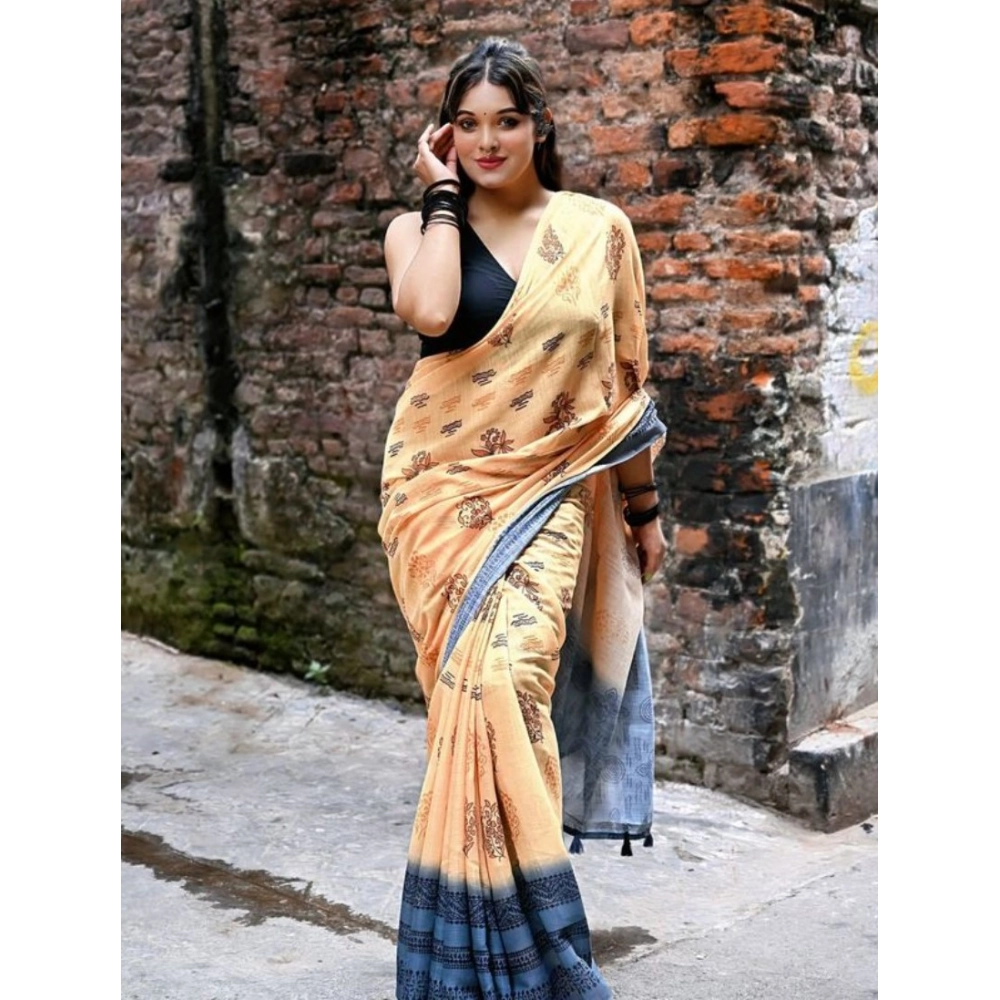 Women's Linen Printed Saree With Unstitched Blouse 5.5Mtr (Peach) - Image 2