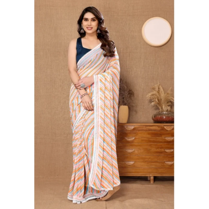 Women's Small Lace Georgette Striped Ready-to-Wear Saree With Unstitched Blouse 5.5 Mtr (Orange)