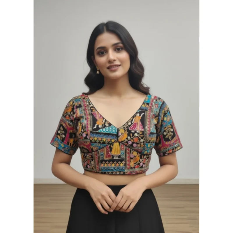 Women's Crepe Position Print V Neck Short Sleeve Readymade Blouse (Black 38 Ready , Alterable 36鈥?0)-PID65821