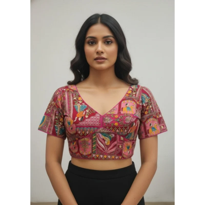 Women's Crepe Position Print V Neck Short Sleeve Readymade Blouse (Pink 38 Ready , Alterable 36鈥?0)-PID65822