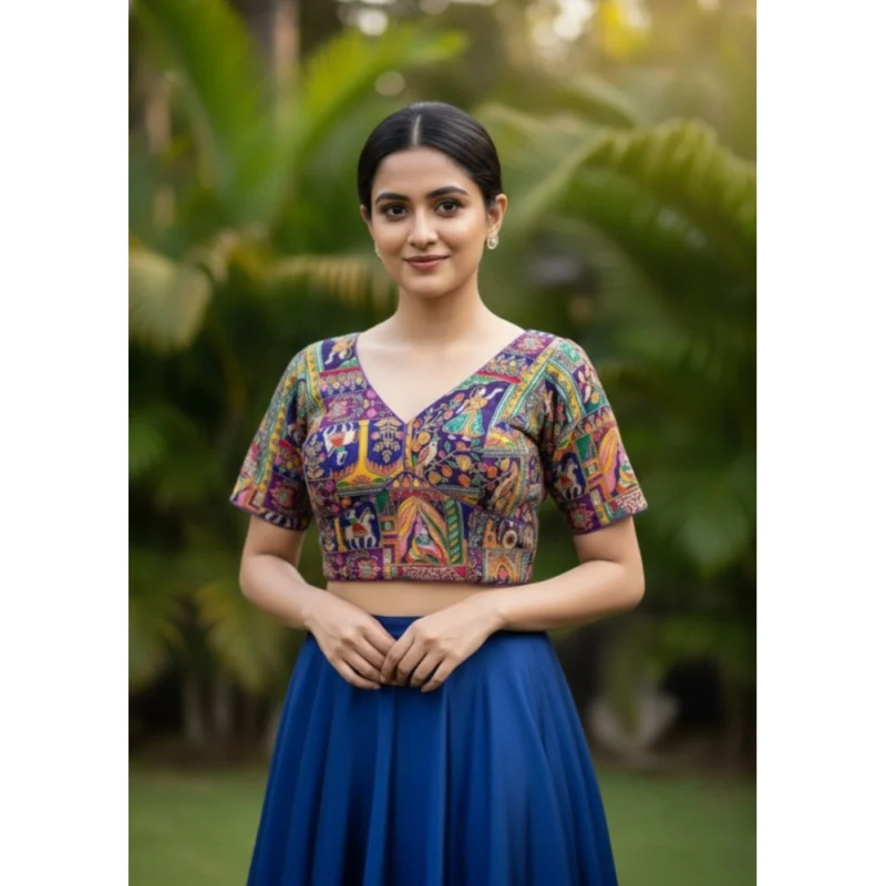 Women's Crepe Position Print V Neck Short Sleeve Readymade Blouse (Purple 38 Ready , Alterable 36鈥?0)-PID65823