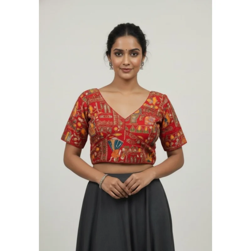 Women's Crepe Position Print V Neck Short Sleeve Readymade Blouse (Red 38 Ready , Alterable 36鈥?0)-PID65824