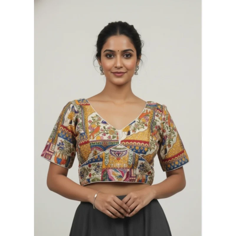 Women's Crepe Position Print V Neck Short Sleeve Readymade Blouse (White 38 Ready , Alterable 36鈥?0)-PID65825