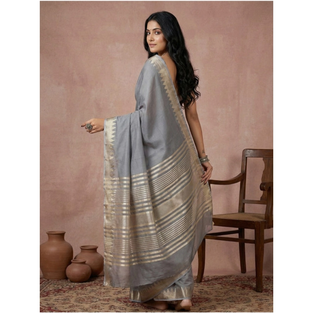 Women's Cotton Printed Saree With Unstitched Blouse 5.5Mtr (Gray) - Image 3