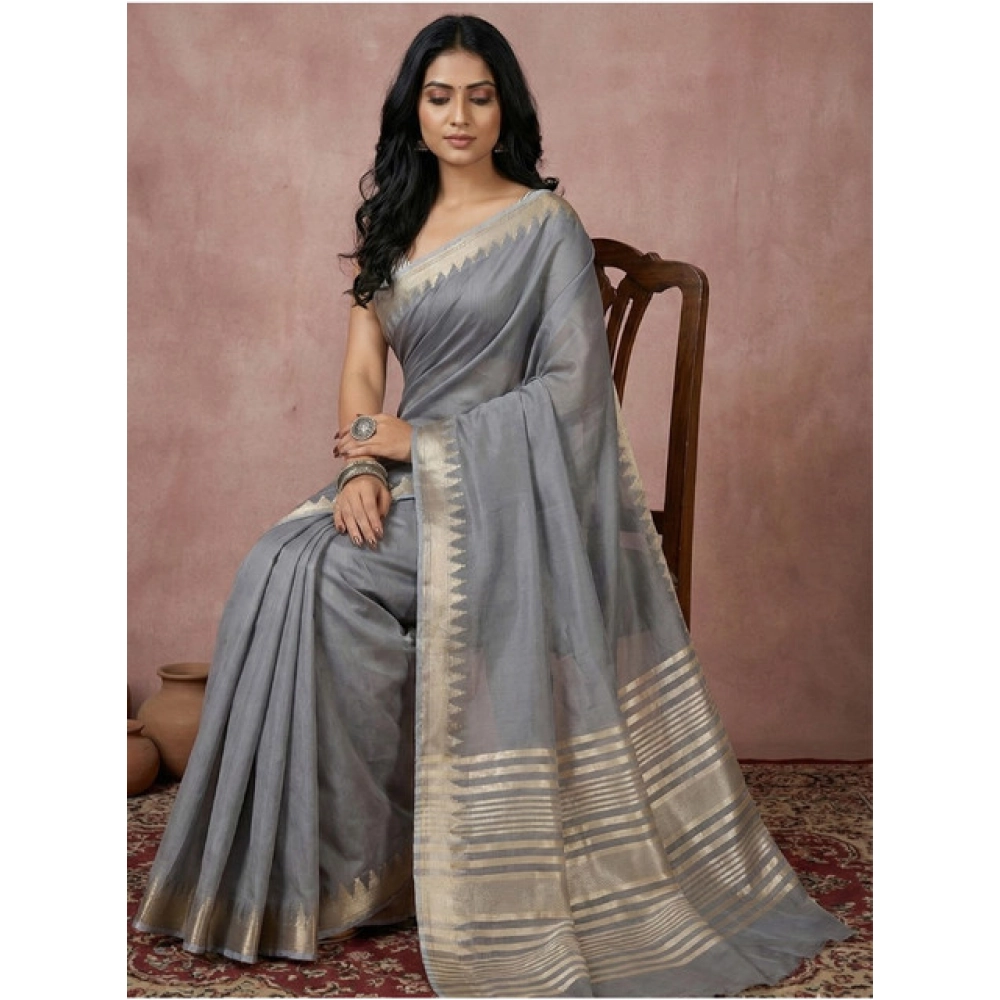 Women's Cotton Printed Saree With Unstitched Blouse 5.5Mtr (Gray) - Image 2