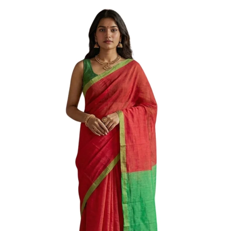 Women's Cotton Printed Saree With Unstitched Blouse 5.5Mtr (Red)