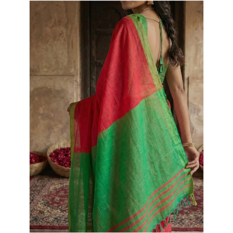 Alternative view of Women's Cotton Printed Saree With Unstitched Blouse 5.5Mtr (Red)