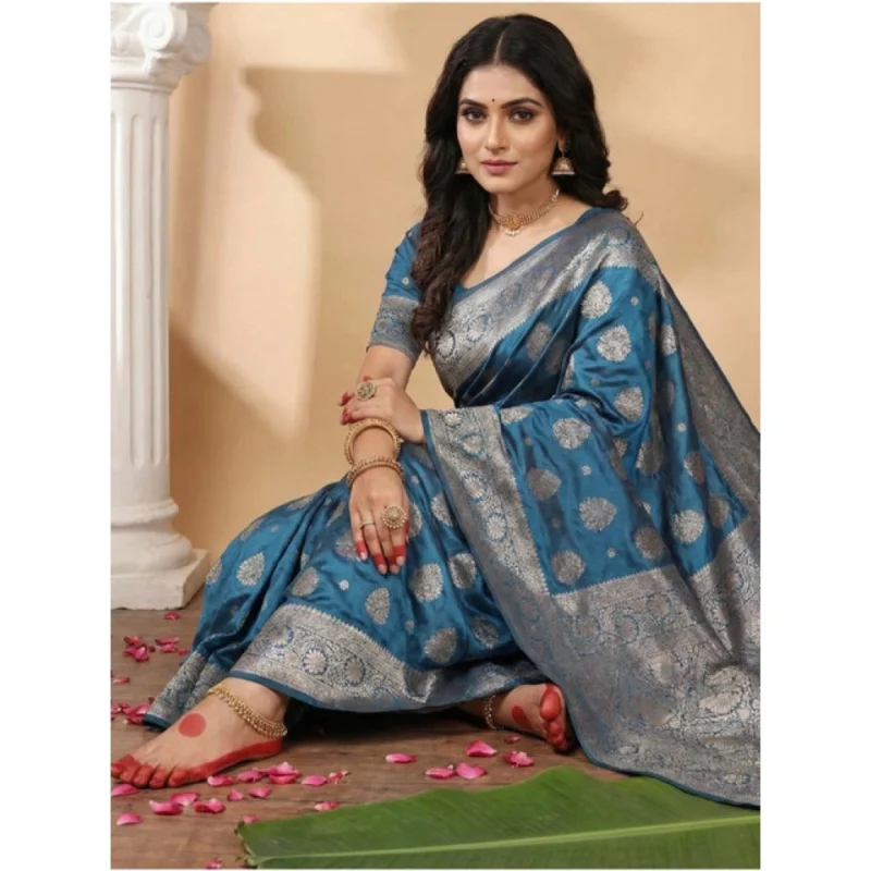 Alternative view of Women's Silk Blend Printed Saree With Unstitched Blouse 5.5Mtr (Teal Blue)