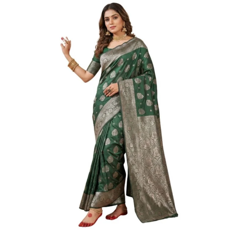 Women's Silk Blend Printed Saree With Unstitched Blouse 5.5Mtr (Dark Green)