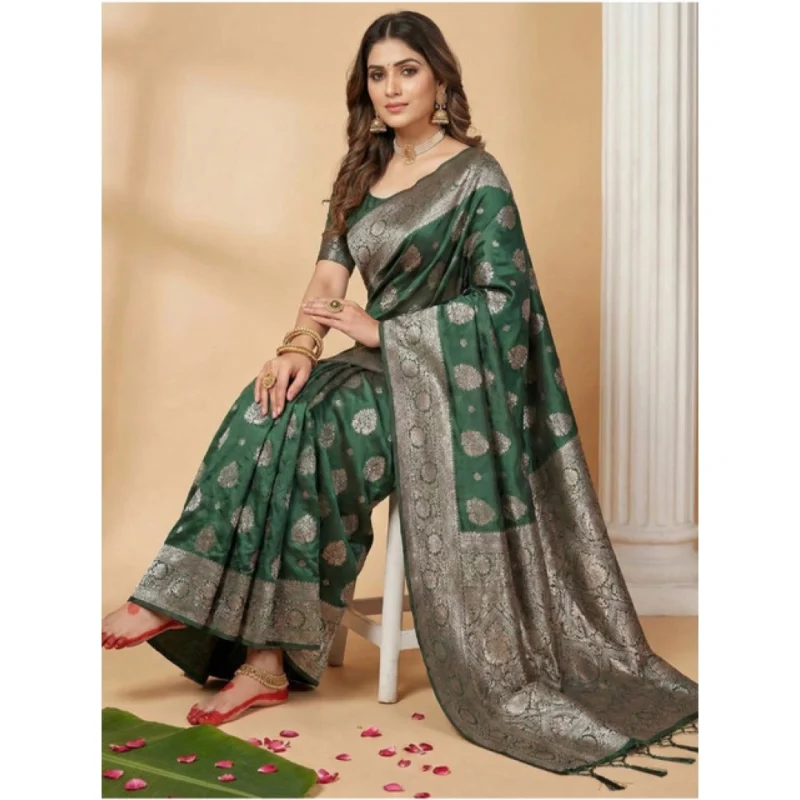 Alternative view of Women's Silk Blend Printed Saree With Unstitched Blouse 5.5Mtr (Dark Green)