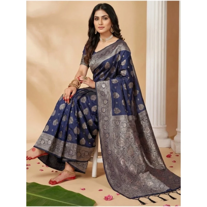 Alternative view of Women's Silk Blend Printed Saree With Unstitched Blouse 5.5Mtr (Navy Blue)