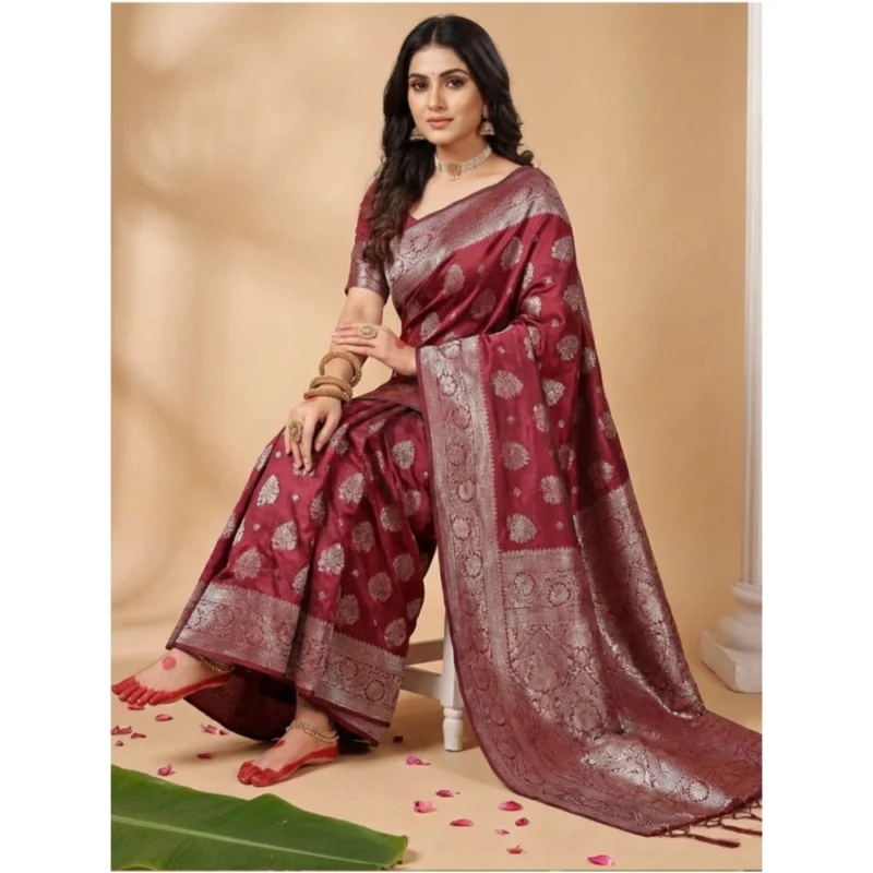 Alternative view of Women's Silk Blend Printed Saree With Unstitched Blouse 5.5Mtr (Maroon)