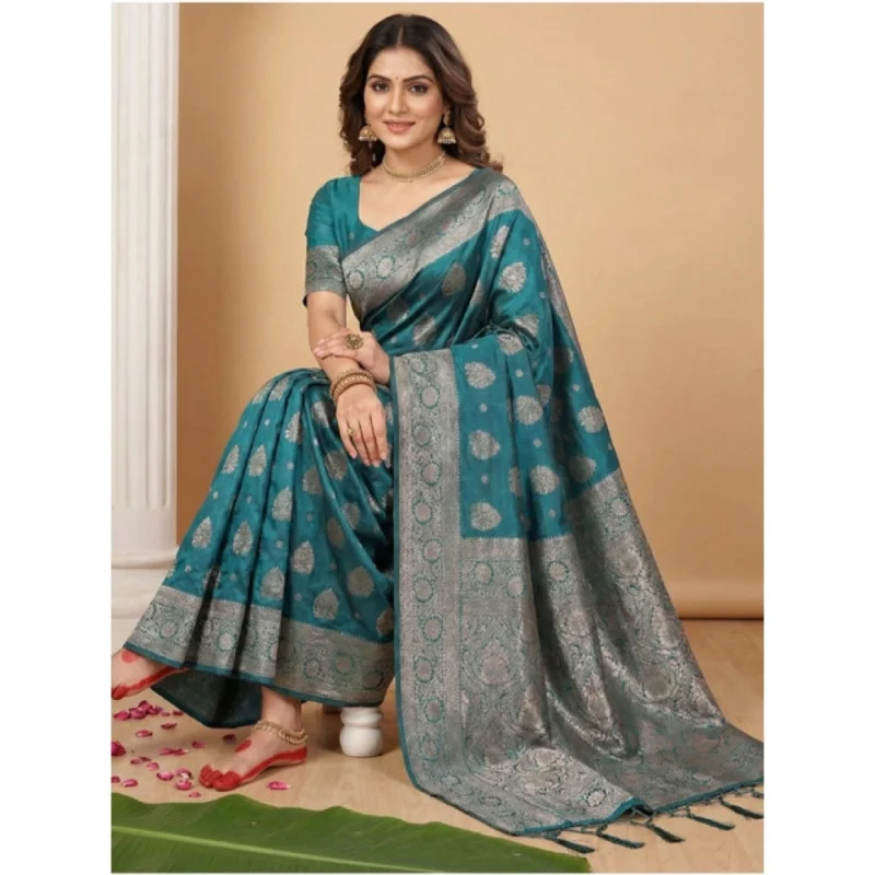 Alternative view of Women's Silk Blend Printed Saree With Unstitched Blouse 5.5Mtr (Sea Green)