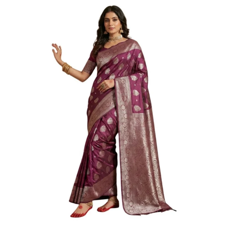 Women's Silk Blend Printed Saree With Unstitched Blouse 5.5Mtr (Purple)