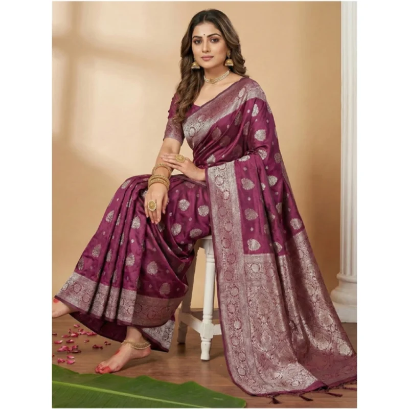 Alternative view of Women's Silk Blend Printed Saree With Unstitched Blouse 5.5Mtr (Purple)