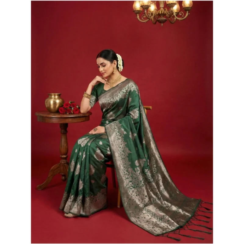Alternative view of Women's Silk Blend Printed Saree With Unstitched Blouse 5.5Mtr (Dark Green)