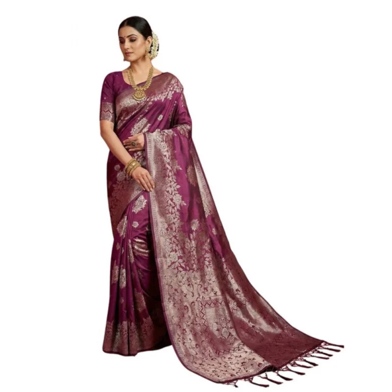 Women's Silk Blend Printed Saree With Unstitched Blouse 5.5Mtr (Purple)