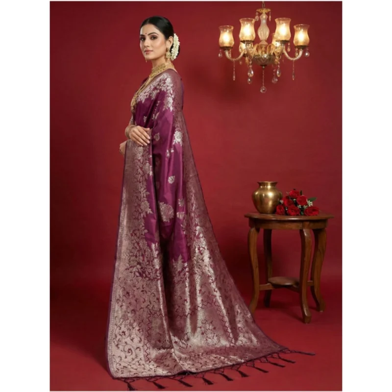 Alternative view of Women's Silk Blend Printed Saree With Unstitched Blouse 5.5Mtr (Purple)