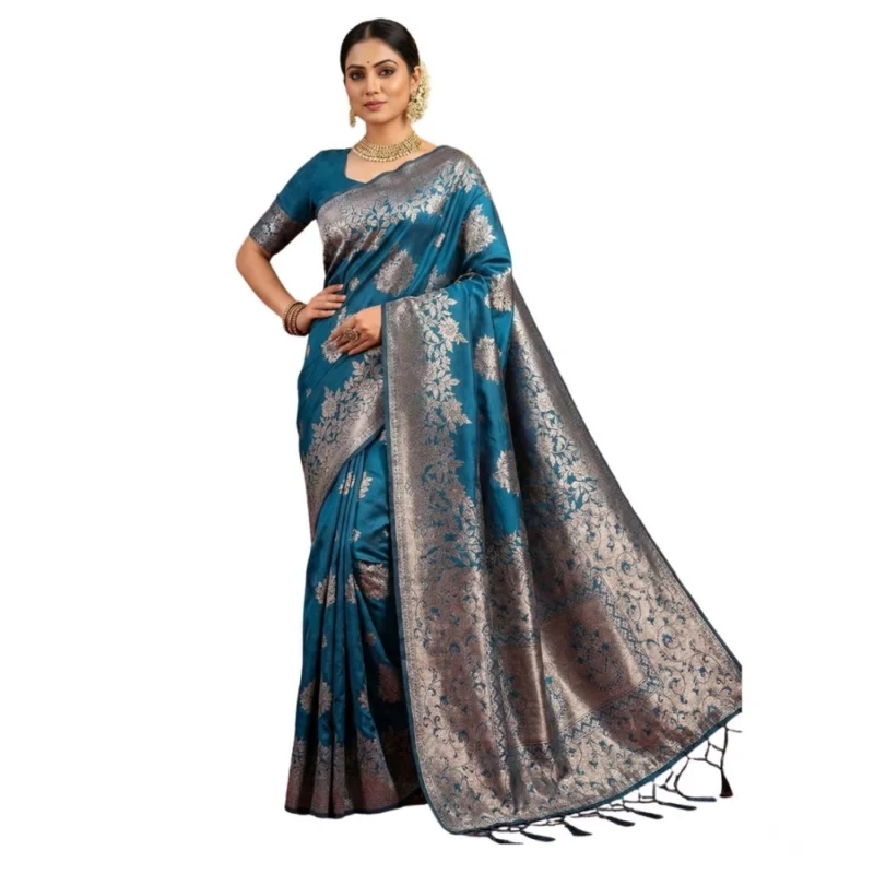 Women's Silk Blend Printed Saree With Unstitched Blouse 5.5Mtr (Teal Blue)