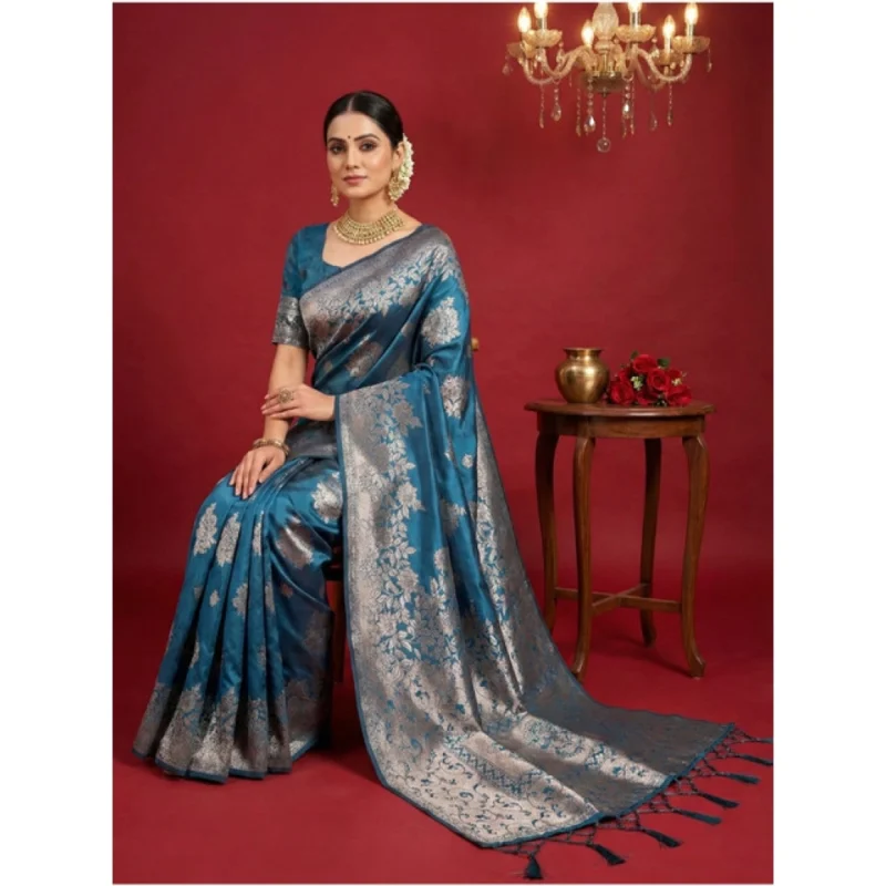 Alternative view of Women's Silk Blend Printed Saree With Unstitched Blouse 5.5Mtr (Teal Blue)