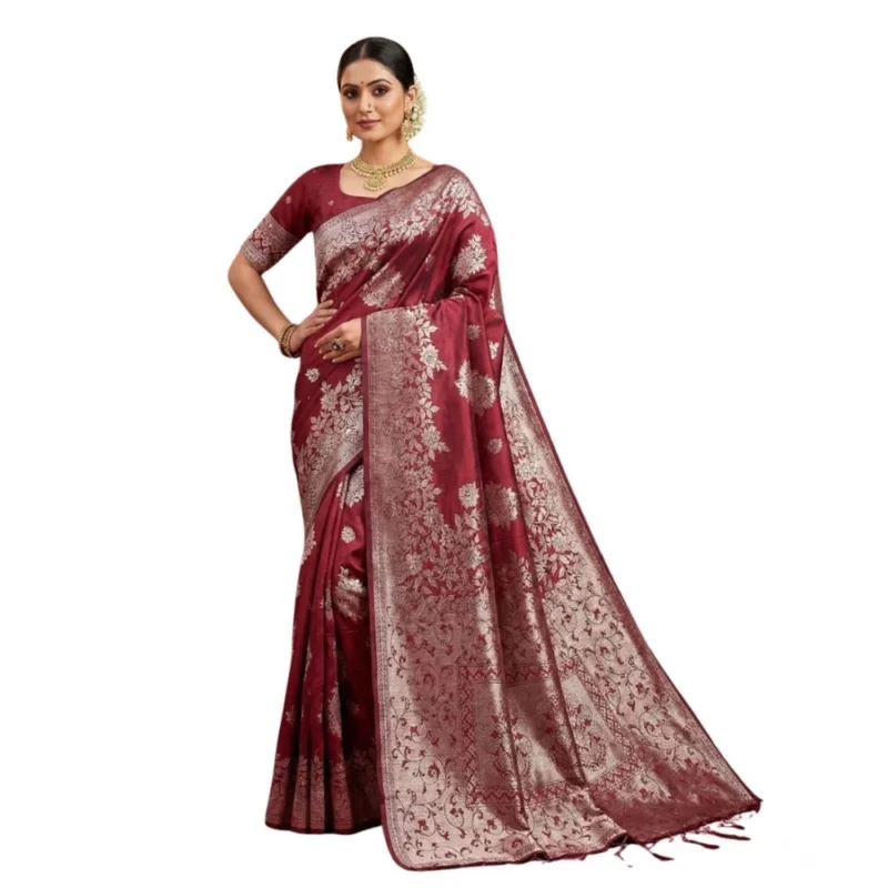 Women's Silk Blend Printed Saree With Unstitched Blouse 5.5Mtr (Maroon)