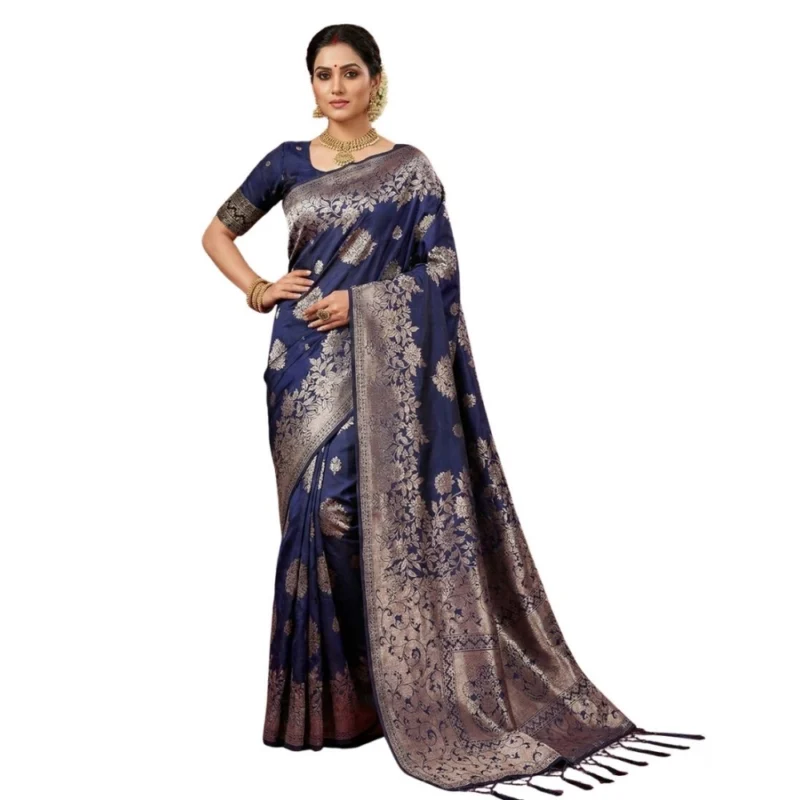 Women's Silk Blend Printed Saree With Unstitched Blouse 5.5Mtr (Navy Blue)