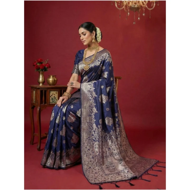 Alternative view of Women's Silk Blend Printed Saree With Unstitched Blouse 5.5Mtr (Navy Blue)