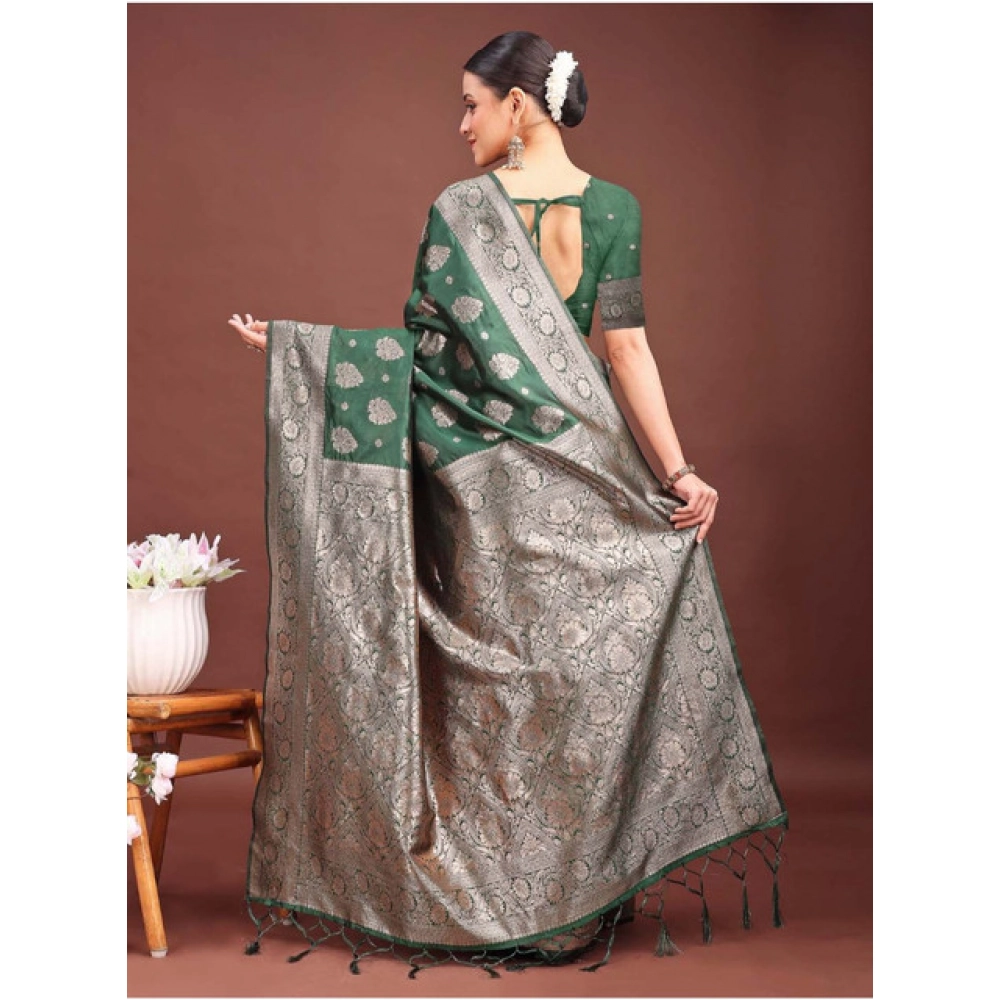 Women's Banarasi Silk Printed Saree With Unstitched Blouse 5.5Mtr (Dark Green) - Image 4