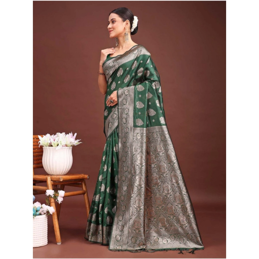 Women's Banarasi Silk Printed Saree With Unstitched Blouse 5.5Mtr (Dark Green) - Image 3